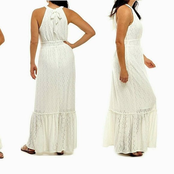 Emma & Michelle NWT white halter empire waist sleeveless eyelets maxi dress, 12 - Picture 2 of 9